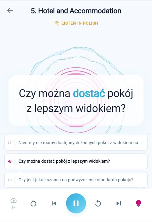 Podgląd aplikacji, fraza po polsku z opcjami odpowiedzi